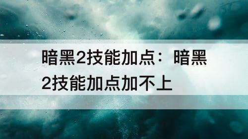 暗黑2技能加点：暗黑2技能加点加不上
